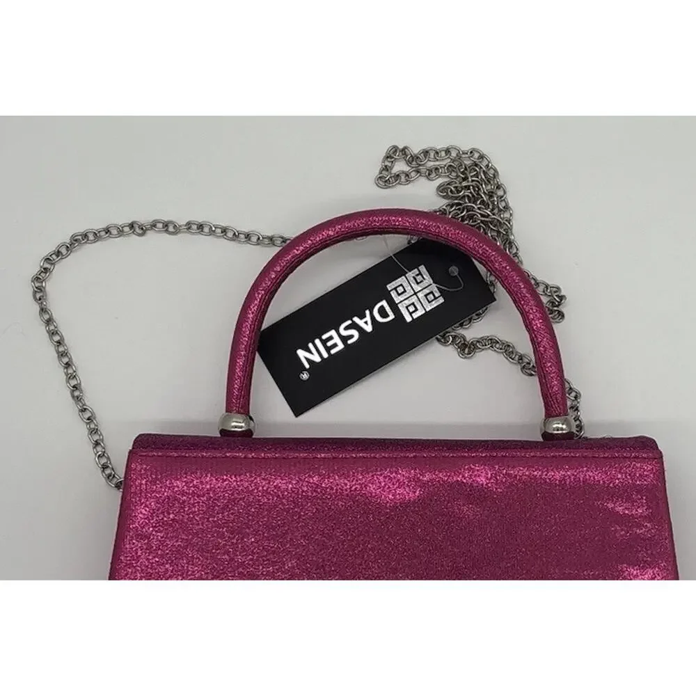 Dasein Women’s Pink Glitter Top Handle Clutch, Silver Chain, Detachable, Lined